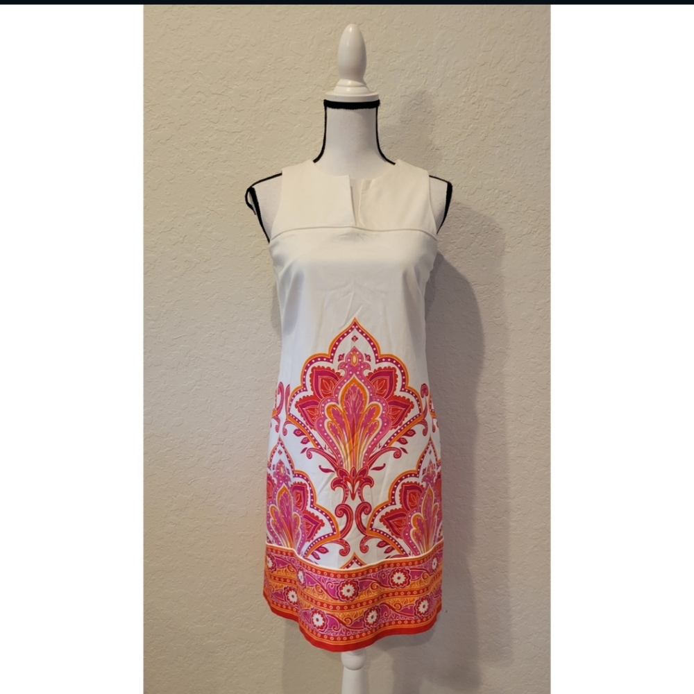 White Baroque Print A line Dress